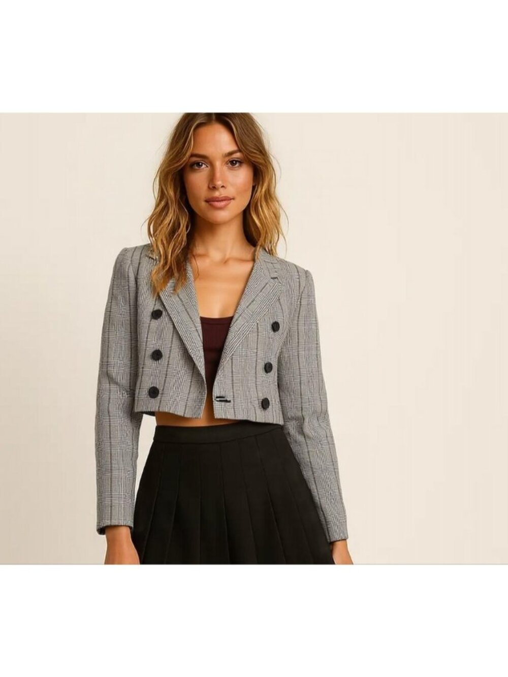 Vintage Gray Checkered Cropped Blazer